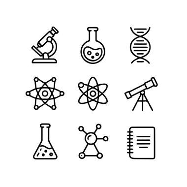 Mikroskop, DNA, matara, atom, teleskop ve beyaz arka plan teknolojisine izole edilmiş not defteri içeren bilim ve araştırma simgeleri koleksiyonu