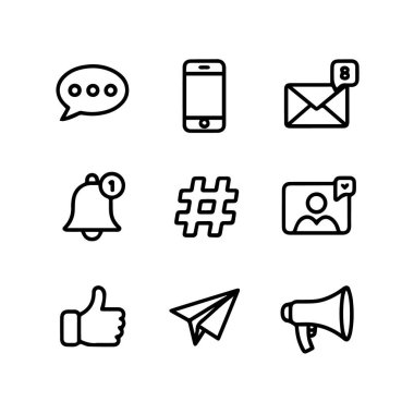 Konuşma balonu, telefon, e-posta, çan, hashtag, video çağrısı, baş parmak yukarı, kağıt uçak ve megafon gibi iletişim ve sosyal medya simgeleri beyaz arka plan teknolojisinde izole edilmiştir.