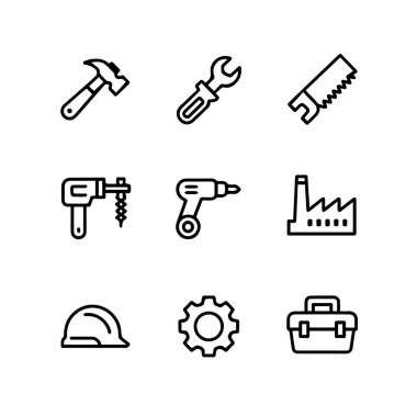 Beyaz arkaplan teknolojisi arka planında izole edilmiş, araçları ve endüstriyel unsurları temsil eden dokuz basit çizgi simgesi kümesi