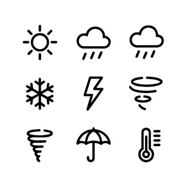 Güneş, bulutlar, yağmur, kar tanesi, şimşek, kasırga ve termometreyi bembeyaz arka plan teknolojisiyle izole eden hava ikonlarının toplanması