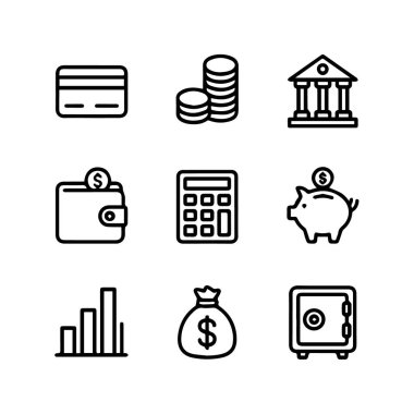 Kredi kartı, sikke, banka, cüzdan, hesap makinesi, domuzcuk bankası, çizelge, para çantası ve güvenli, beyaz arka plan teknolojisi arka planında izole edilmiş