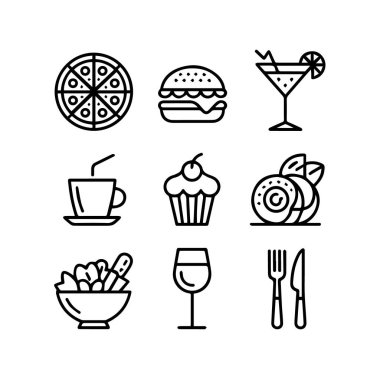 Beyaz arka plan teknolojisinde izole edilmiş yiyecek ve içecek öğelerini temsil eden dokuz siyah taslak simgesi