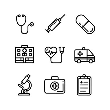 Stetoskop, şırınga, hap, hastane, kalp, ambulans, mikroskop, ilk yardım çantası ve beyaz arka plan teknolojisinde izole edilmiş pano gibi tıbbi ikonların toplanması