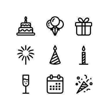 Bir pasta, balonlar, hediye kutusu, maytap, parti şapkası, mum, şampanya kadehi, takvim ve konfeti patlatıcısı gibi beyaz arka plan teknolojisinde izole edilmiş doğum günü ikonları koleksiyonu
