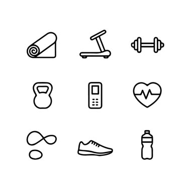 Bir yoga minderi, koşu bandı, dambıl, kettlebell, telefon, kalp atış hızı monitörü, sonsuzluk sembolü, koşu ayakkabısı ve su şişesi gibi ikonlar beyaz arka plan teknolojisinde izole edilmiş.