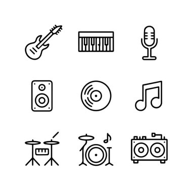 Gitar, klavye, mikrofon, hoparlör, vinil kayıt, müzik notası, bateri seti ve amplifikatörden oluşan dokuz müzik ikonu koleksiyonu, beyaz arkaplan teknolojisi arka planında izole edilmiş.