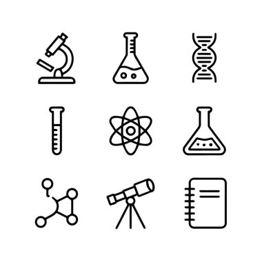 Bilim ve araştırma ikonları koleksiyonu mikroskop, matara, DNA, test tüpü, atom, teleskop ve molekül, beyaz arka plan teknolojisi arka planında izole