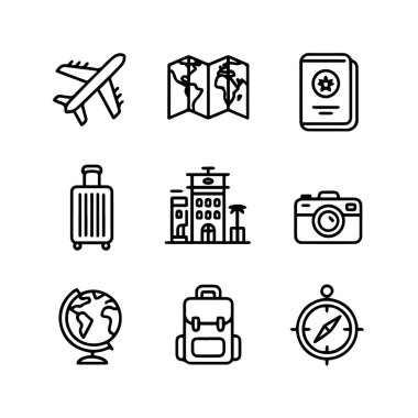 Beyaz arka plan teknolojisinde izole edilmiş uçak, harita, pasaport, bavul ve kamera içeren seyahat ve turizm simgeleri