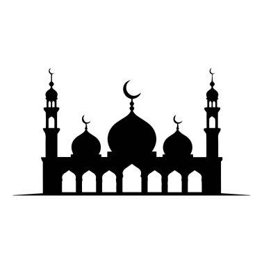 Silhouette of a mosque with domes and minarets, isolated on white background