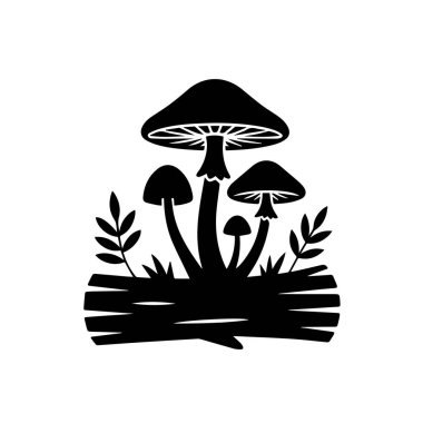 Black silhouette of mushrooms growing on a log with leaves, isolated on white background