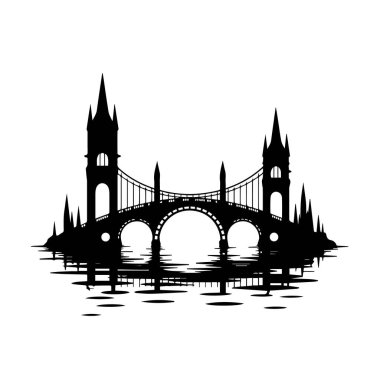 Silhouette of a grand, ornate bridge with towers and arches, reflected in water, isolated on white background