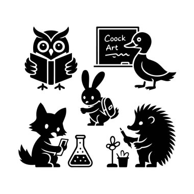 Cute cartoon animals in silhouette, representing education and learning, isolated on white background