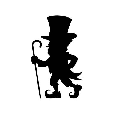 Silhouette of a leprechaun with a top hat and cane, isolated on white background