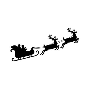 Silhouette of santa claus in a sleigh pulled by reindeer, isolated on white background