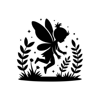 Silhouette of a fairy with wings flying in a garden with plants and stars, isolated on white background