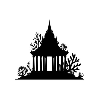 Silhouette of a traditional temple with ornate roof and columns surrounded by coral, isolated on white background