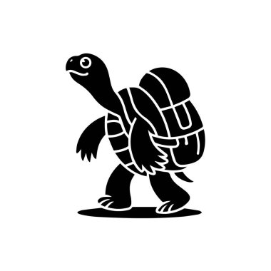 A stylized black silhouette of a turtle with a backpack walking, isolated on a white background