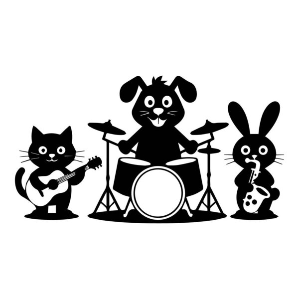 Cute cartoon black cat playing guitar, dog playing drums, and rabbit playing saxophone isolated on white background