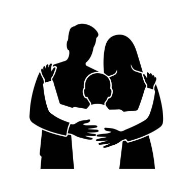 Sevgi dolu bir ailenin silueti, çocuğunu kucaklayan anne babalar, beyaz arka plan teknolojisinde soyutlanmış.