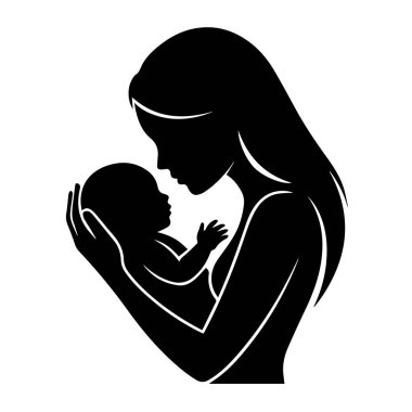 Bebeğini nazikçe kucaklayan bir annenin silüeti beyaz arka plan teknolojisinde izole edilmiş.