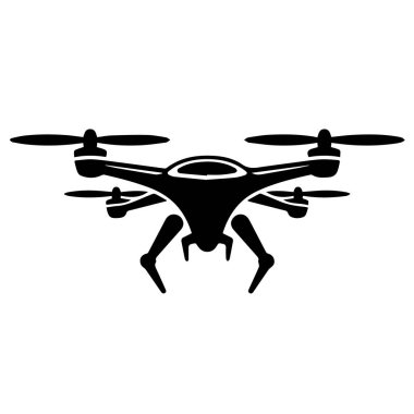 Beyaz arka plan teknolojisi arka planında izole edilmiş, dört pervaneli modern bir dronun siyah silueti.
