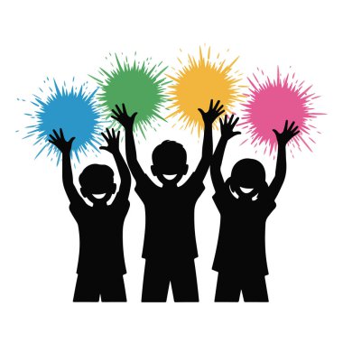 Kolları havada üç neşeli çocuğun silueti renkli boya sıçramalarıyla kutlanıyor, beyaz arka plan teknolojisinde izole edilmiş.