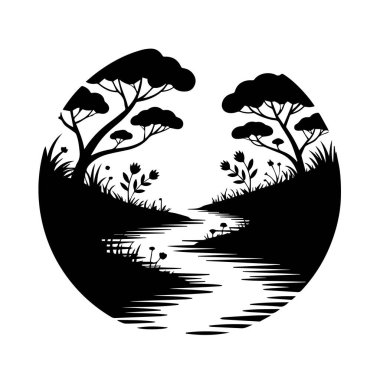 Beyaz arka plan teknolojisi arka planında izole edilmiş akasya ağaçları, dolambaçlı bir nehir ve çimlerle çevrili bir Afrika savanasının dairesel silueti.