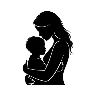 Çocuğunu şefkatle kucaklayan bir annenin silueti, beyaz arka plan teknolojisinde izole edilmiş basit ve zarif bir tasarımla sevgiyi, aileyi ve annelik bağını simgeliyor.