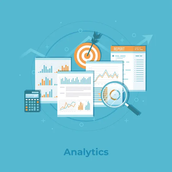 ビジネス金融データ分析 監査報告 グラフ チャート 拡大ガラス レポート 計算機 ターゲットを備えたドキュメント ビジネスベクターの背景 — ストックベクタ