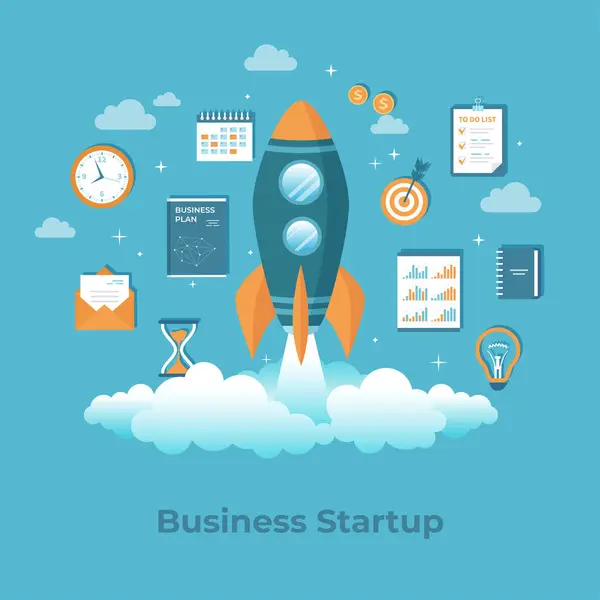 Business project startup, financial planning, idea, strategy, management, realization and success. Rocket launch with business plan, hourglass, target, money, coins, calendar, bulb. Vector