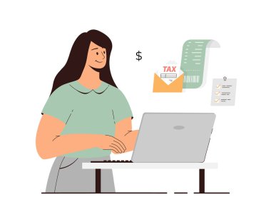 Vergi günü konsepti. Hükümet vergisi, fatura ödemesi, online bankacılık. Veri analizi, evrak işleri, mali araştırma, rapor. Dizüstü bilgisayarda çalışan bir kadın. Çizgi film vektör illüstrasyonu.