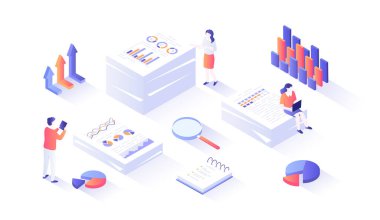 İstatistik, belge analizi, veri toplama. Araştırma ve bilgi işleme. Grafikleri, çizelgeleri, diyagramları olan dokümanlar. Web grafiği için insan sahnesiyle izleyici illüstrasyonu.