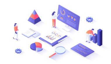 İş analizleri, veri analizleri, finans raporları. Belgeler, monitör, grafikli tablet. Web grafiği için insan sahnesiyle izleyici illüstrasyonu.