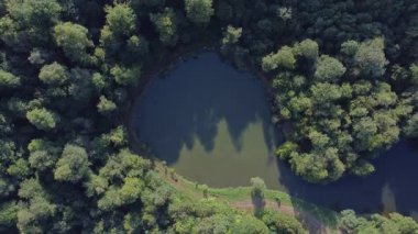 Ermenistan 'ın Dilijan dağlarındaki sık ormanlarla çevrili bir gölün yukarıdan aşağıya bakan görüntüsü.
