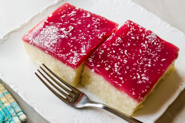 Turkish Semolina Dessert Muhallebi Pudding Jelly Raspberry Coconut Powder Trilece — Stock Photo, Image