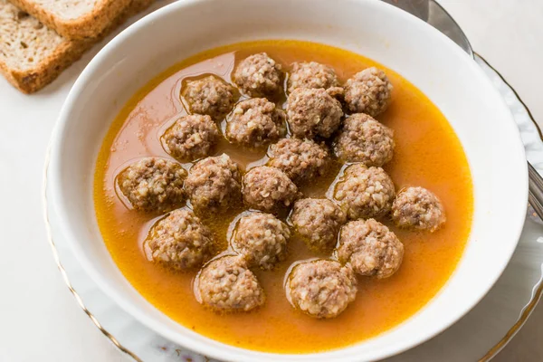 Comida Turca Sulu Kofte Almôndegas Suculentas Sopa Com Pão Alimentos — Fotografia de Stock