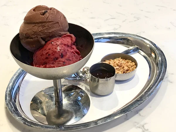 Chocolate and Cherry Ice Cream in Vintage Metal Bowl with Silver Tray. Organic Summer Dessert.
