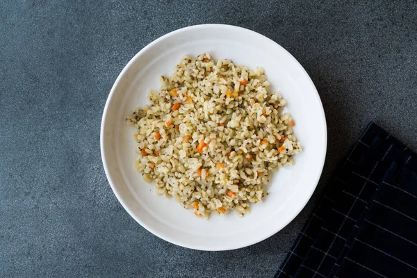 Arroz Bulgur Cocido Con Semillas Chía Zanahoria Plato Listo Para — Foto de Stock