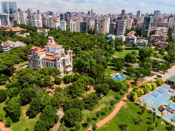 Hava dron görünümünü Caddebostan Ragıp Paşa Konağı / Istanbul deniz. Cityscape tarihi binalar