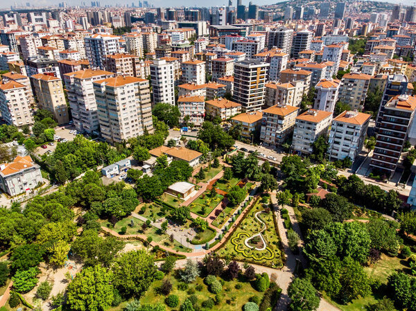Aerial Drone View of Kadikoy Goztepe Freedom Garden Park in Istanbul / Ozgurluk Parki. Cityscape
