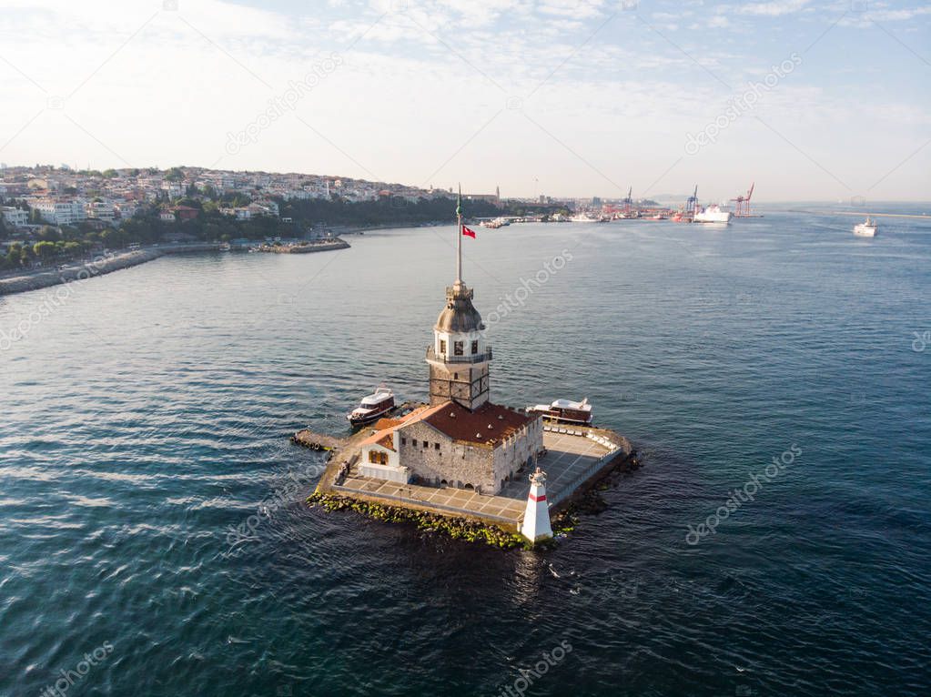 Aerial Drone View of Maiden's Tower in Uskudar Istanbul / Kiz Kulesi. Historic Building.