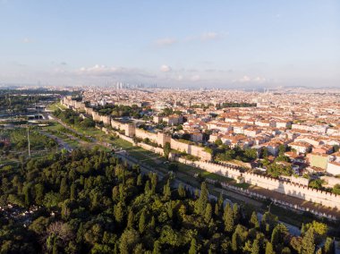 Aerial Drone View of Ancient Constantinople's Walls in Istanbul / Byzantine Constantinople Entrance is Dedicated to Belgrade. Historical Structure. clipart