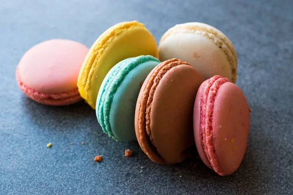 Colorful French or Italian Macarons stack / Macaroon Cakes. Traditional Dessert.