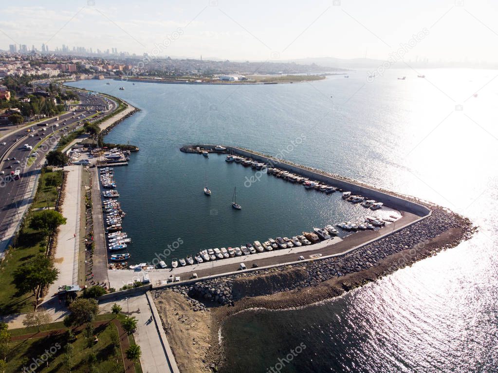 Aerial Drone View of Marina Pier in Yenikapi Bakirkoy / Istanbul Seaside in Turkey with Boats.