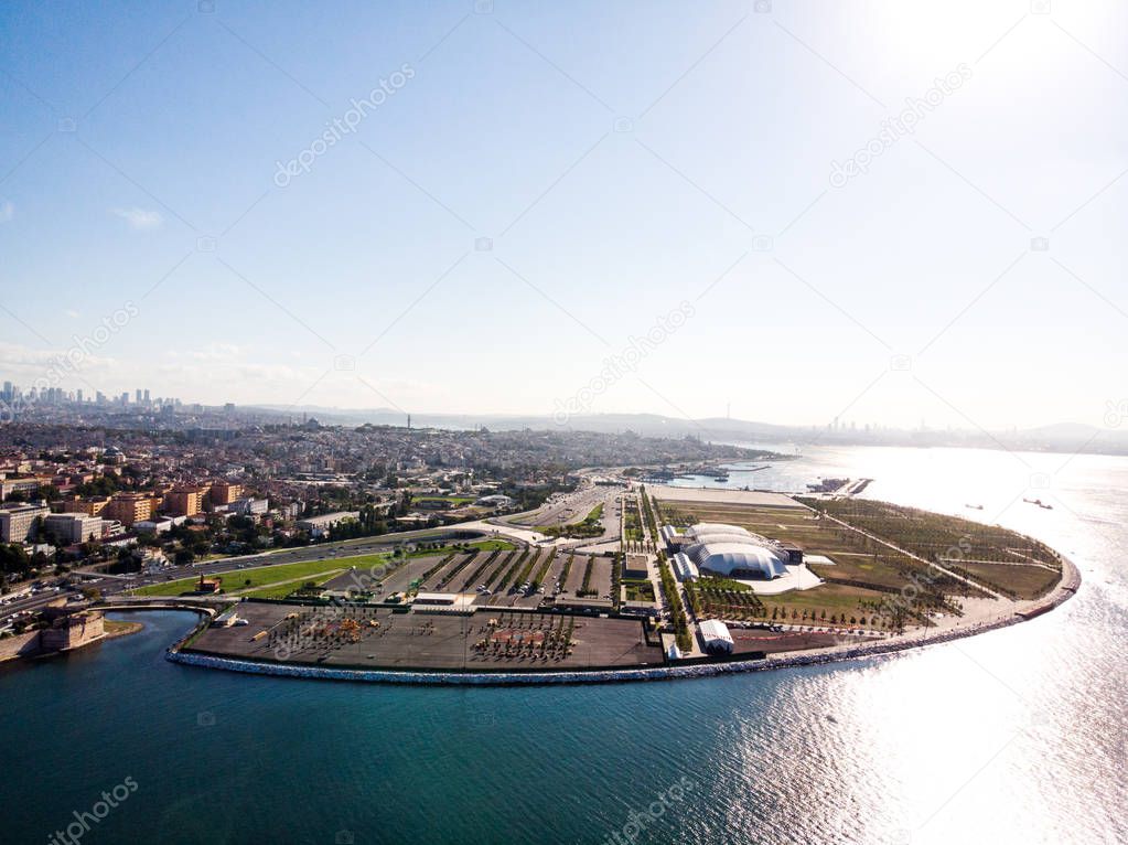 Aerial Drone View of Yenikapi Istanbul Seaside in Turkey. Cityscape.