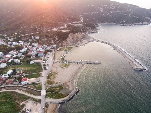 Vista Aérea Drone Cais Marina Com Barcos Turankoy Erdek Doca — Fotografia de Stock