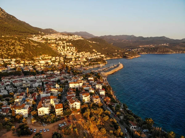 Drone Aérea Vista Kas Pequena Pesca Mergulho Iatismo Cidade Turística — Fotografia de Stock