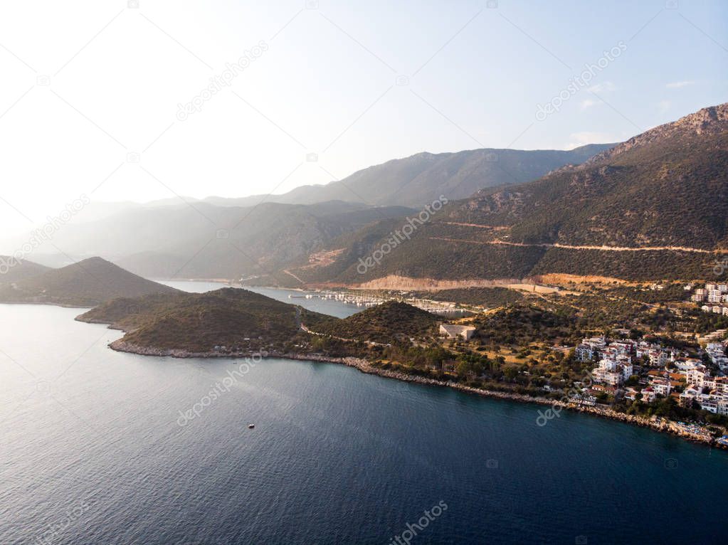 Aerial Drone View of Kas is small fishing, diving, yachting and tourist town in district of Antalya Province, Turkey. Vacation in Turkey