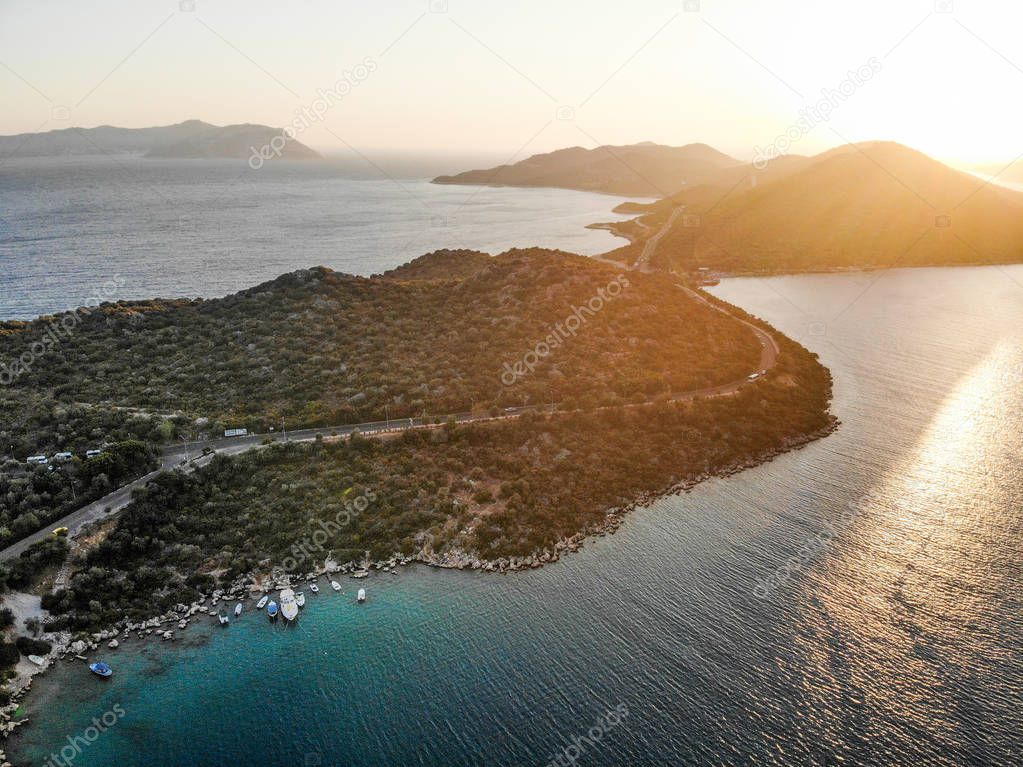 Aerial Drone View of Kas is small fishing, diving, yachting and tourist town in district of Antalya Province, Turkey. Vacation in Turkey
