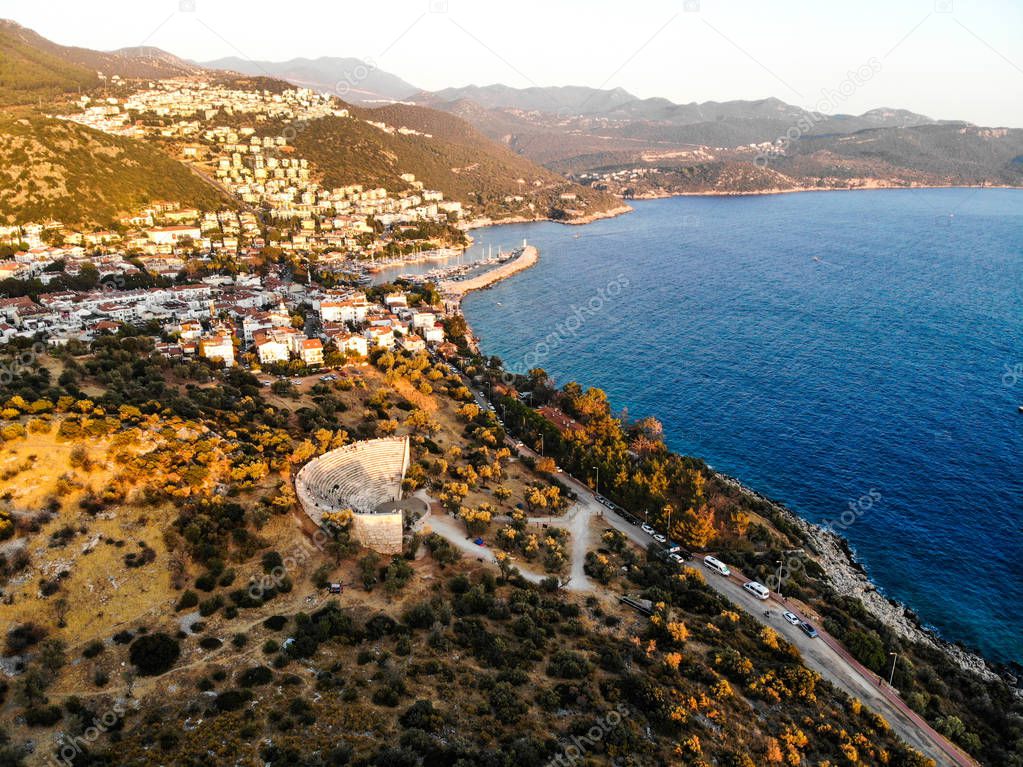 Aerial View of Ancient Antique Theatre Antiphellos in Kas Antalya. Vacation in Turkey.